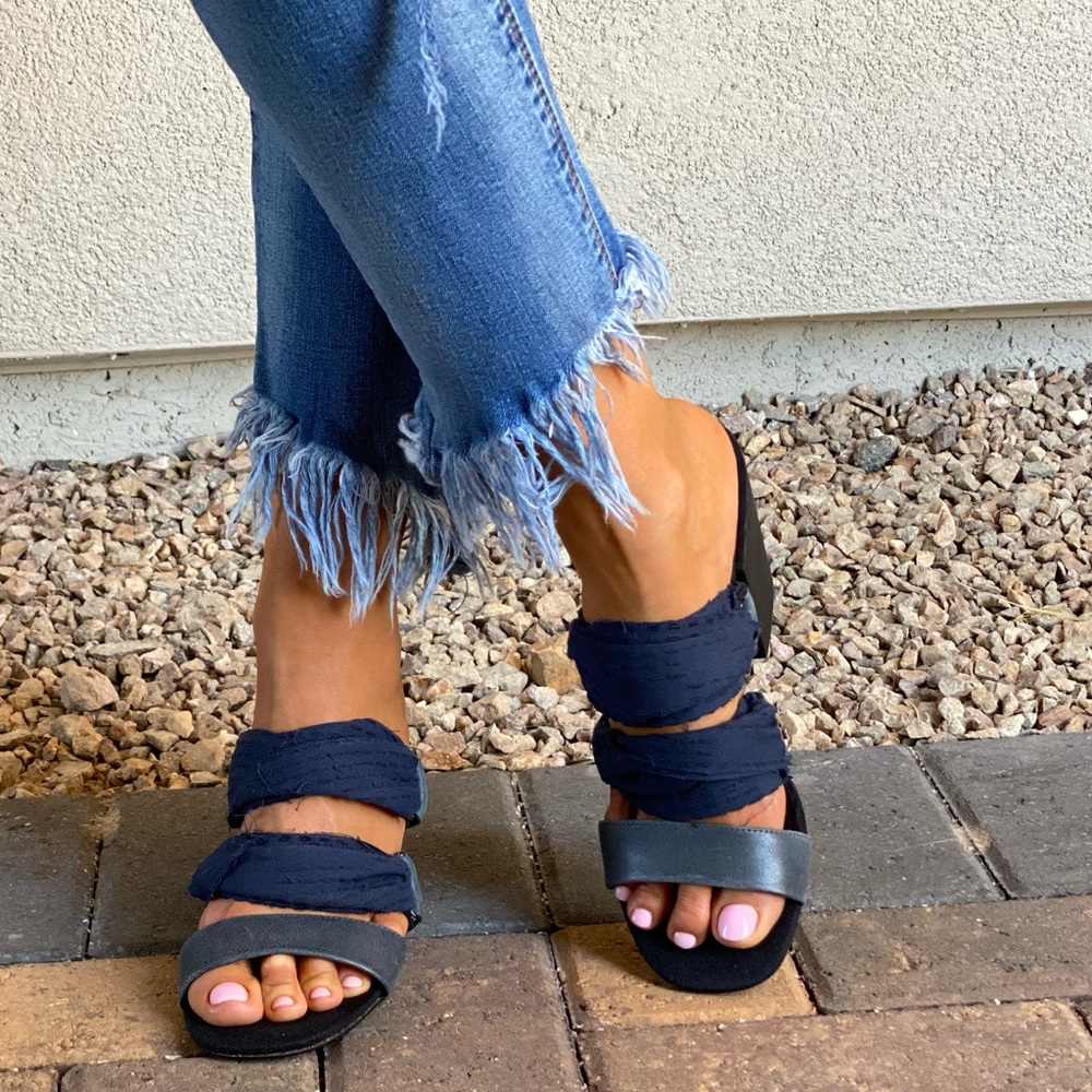 Leather/Fabric Frayed Block Heel Open Toe Mules - Picture 10 of 10